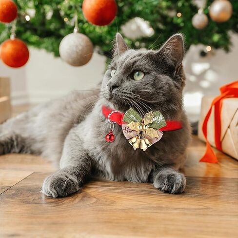 Thinkday 12 جهاز كمبيوتر شخصى طوق عيد الميلاد القط مع ربطة عنق وأجراس، 8 "-14" قابل للتعديل عيد الميلاد الانفصالية طوق هريرة، عطلة القط جرو القوس التعادل مشبك السائبة، الحيوانات الأليفة هريرة لوازم الاشياء الملحقات الديكور in Kuwait