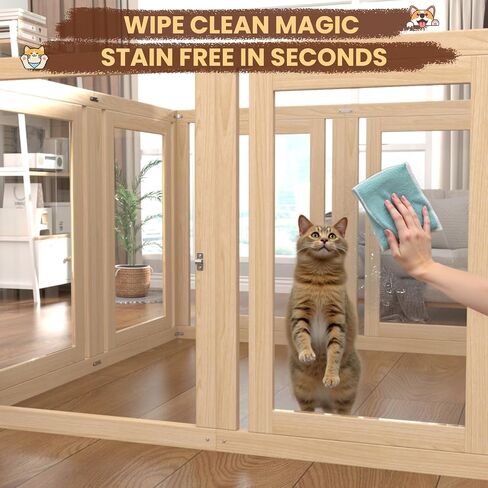 8 Panels Dog Playpen with Door, 23.6" H Pet Playpen Indoor, Clear Acrylic Puppy Playpens, Wooden Puppy Fence with Gate, Transparent Dog Pens, Pet Pen Indoor for Dogs, Cats, Rabbit, Small and Medium in Kuwait