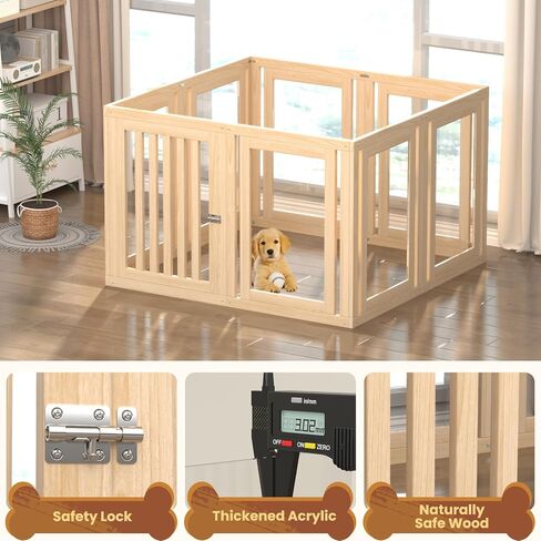8 Panels Dog Playpen with Door, 23.6" H Pet Playpen Indoor, Clear Acrylic Puppy Playpens, Wooden Puppy Fence with Gate, Transparent Dog Pens, Pet Pen Indoor for Dogs, Cats, Rabbit, Small and Medium in Kuwait