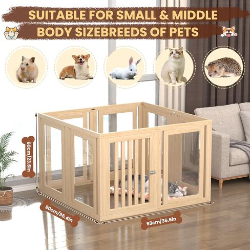 8 Panels Dog Playpen with Door, 23.6" H Pet Playpen Indoor, Clear Acrylic Puppy Playpens, Wooden Puppy Fence with Gate, Transparent Dog Pens, Pet Pen Indoor for Dogs, Cats, Rabbit, Small and Medium in Kuwait
