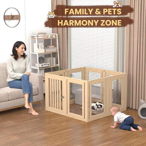 8 Panels Dog Playpen with Door, 23.6" H Pet Playpen Indoor, Clear Acrylic Puppy Playpens, Wooden Puppy Fence with Gate, Transparent Dog Pens, Pet Pen Indoor for Dogs, Cats, Rabbit, Small and Medium in Kuwait