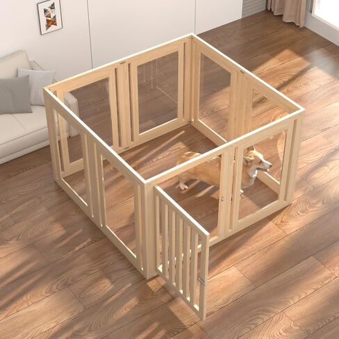 8 Panels Dog Playpen with Door, 23.6" H Pet Playpen Indoor, Clear Acrylic Puppy Playpens, Wooden Puppy Fence with Gate, Transparent Dog Pens, Pet Pen Indoor for Dogs, Cats, Rabbit, Small and Medium in Kuwait