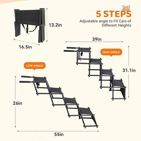 YYW Foldable Dog Stairs for Car, Portable Dog Ramps with Non-Slip Surface, Lightweight Pet Steps for Large Dogs Support Up to 180 Lbs Fits Cars, Trucks, SUVs (Dog Stairs) in Saudi Arabia