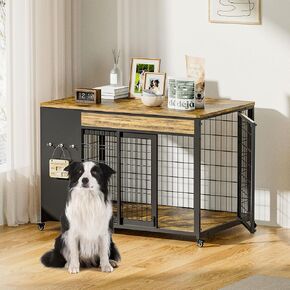 38" Dog Crate Furniture - Dog Crate with DIY Frame, Sliding Door Indoor Kennel, Wooden Dog Cage End Table, for Medium/Large Breed, Rustic Brown Size L in Saudi Arabia