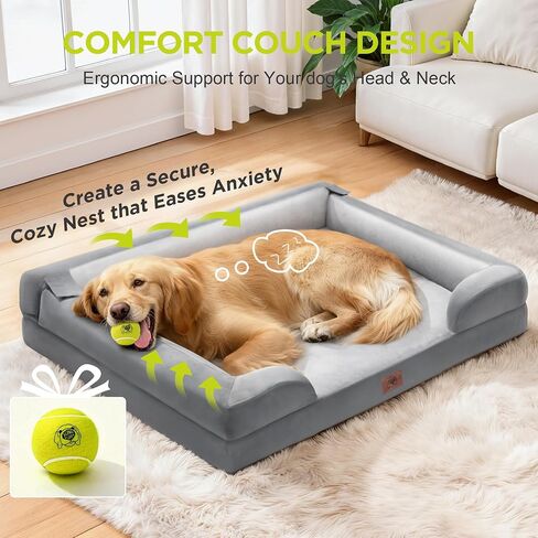 Extra Large Dog Bed, Orthopedic XL Washable Memory Foam Bed for Big Dogs Waterproof Pet Couch Sofa Bolster with Removable Cover, Non-Slip Bottom, Tennis Ball Toy, 42x30 in Saudi Arabia
