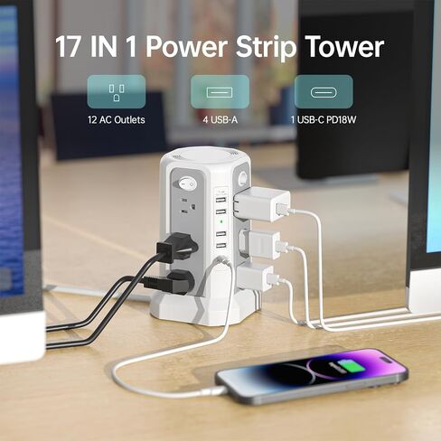 PASSUS Surge Protector Power Strip Tower 10FT (4A1C) with PD18W USB C Port in Kuwait