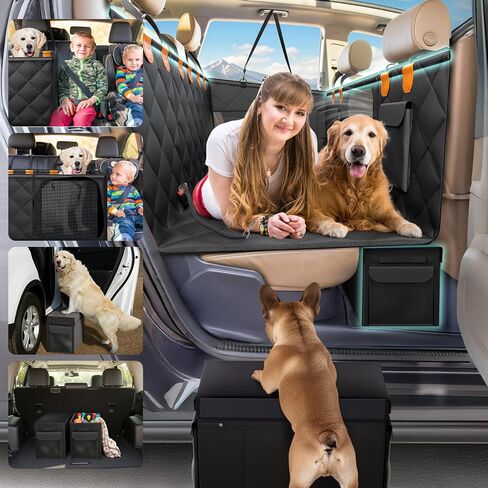 Backseat Cover for Dogs in Car with 2x Storage Boxes - Waterproof Dog Car Seat Cover, Backseat Extender Clip Strap, Carry Bag - Hammock Bed Seat Extender for Dogs, Pet Protector for SUV Truck in Saudi Arabia