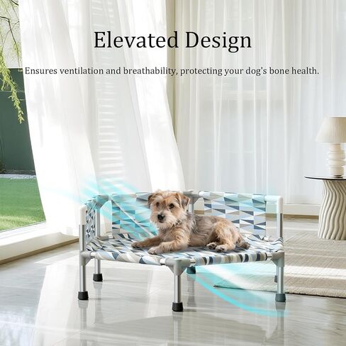 Elevated Dog Bed with Guardrail, Cooling Outdoor Pet Cot with 3-Sided Fence，Raised Dog Cot with Metal Frame, Easy to Assemble in Saudi Arabia