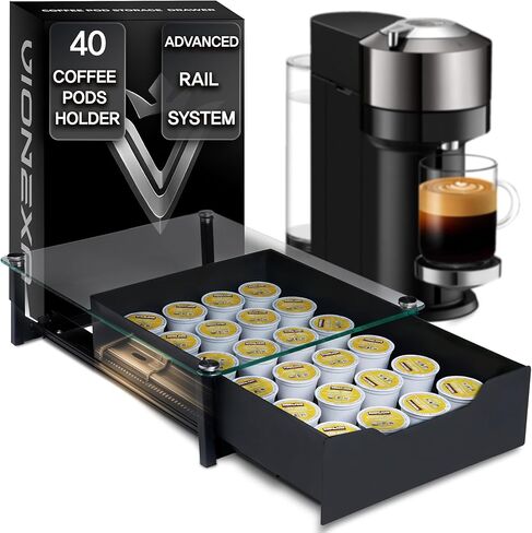 حامل كبسولات القهوة مع درج السكك الحديدية لنسبرسو - سعة 40 كبسولة لكبسولات نسبرسو فيرتولين وأكواب K - زجاج مقسى وقاعدة معدنية مضادة للانزلاق منظم كبسولات القهوة 16.14 × 11.81 × 3.94 in Kuwait