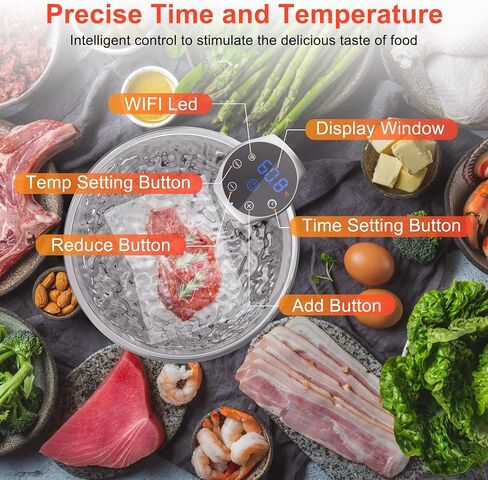 طباخ Sous Vide، آلة Sous Vide بقدرة 1100 واط، طباخ دقيق لدورة غمر مع تحكم باللمس، درجة حرارة دقيقة، هادئ للغاية، مقاوم للماء IPX7، تسخين سريع والتحكم في الوقت in Kuwait