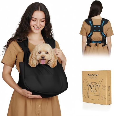 Dog Sling Carrier for Small Dogs with Bottom Support, Adjustable Pet Front Dog Carrier-Padded Straps Reducing Back Neck Pain, Anti-Anxiety Backpack for Travel Hiking Camping, Hands Free (Black,S) in Saudi Arabia