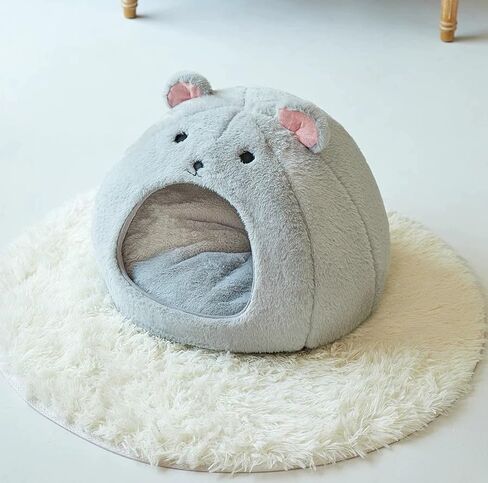 سرير مريح على شكل كهف للحيوانات الأليفة على شكل فأر وأذن، سرير كهف من القطيفة باللون الرمادي فائق النعومة، سرير كهف للقطط، خيمة للقطط مع وسادة مبطنة قابلة للإزالة والغسل، أسرة للقطط وأسرّة للكلاب، مثالية للحيوانات الأليفة الصغيرة والمتوسطة (الكبيرة) in Kuwait