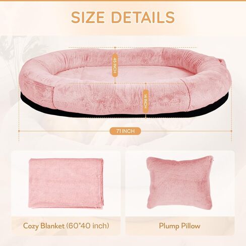 سرير كلب بشري، مقاس 71 بوصة × 45 بوصة × 14 بوصة بحجم بشري للبالغين يناسب الحيوانات الأليفة، سرير قابل للغسل من الفرو الصناعي لتقويم العظام مع جيب للتخزين، جملي in Kuwait