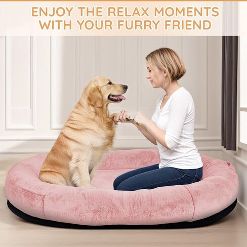 سرير كلب بشري، مقاس 71 بوصة × 45 بوصة × 14 بوصة بحجم بشري للبالغين يناسب الحيوانات الأليفة، سرير قابل للغسل من الفرو الصناعي لتقويم العظام مع جيب للتخزين، جملي in Kuwait