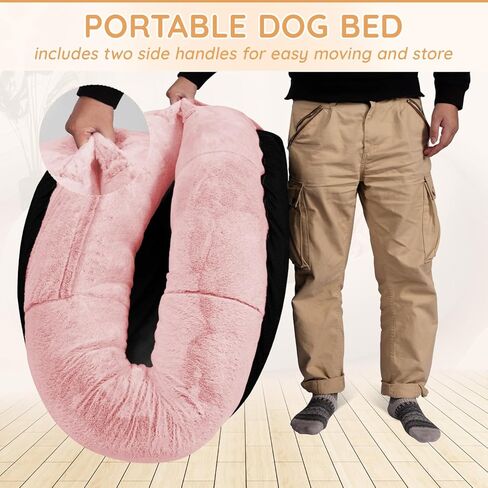 سرير كلب بشري، مقاس 71 بوصة × 45 بوصة × 14 بوصة بحجم بشري للبالغين يناسب الحيوانات الأليفة، سرير قابل للغسل من الفرو الصناعي لتقويم العظام مع جيب للتخزين، جملي in Kuwait