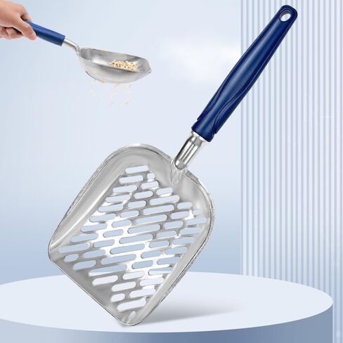 Small Cat Litter Scoop with Long Handle - Aluminum Alloy Sifter for Clumping Litter, Diagonal Sifting Hole for Easy Poop Cleaning, Lightweight & Durable, 13" x 4.72", Blue Handle in Saudi Arabia