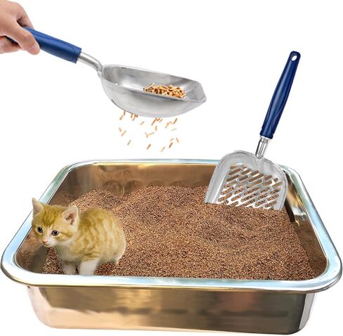 Small Cat Litter Scoop with Long Handle - Aluminum Alloy Sifter for Clumping Litter, Diagonal Sifting Hole for Easy Poop Cleaning, Lightweight & Durable, 13" x 4.72", Blue Handle in Saudi Arabia