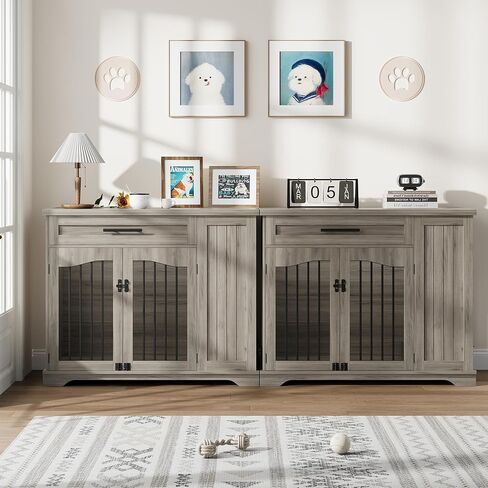 Furniture Style Dog Crate for Large Dogs, 44 Inch Heavy Duty Wooden Dog Kennel Furniture with Drawer & Side Storage and Bulit-in Feeding Station,Grey in Saudi Arabia