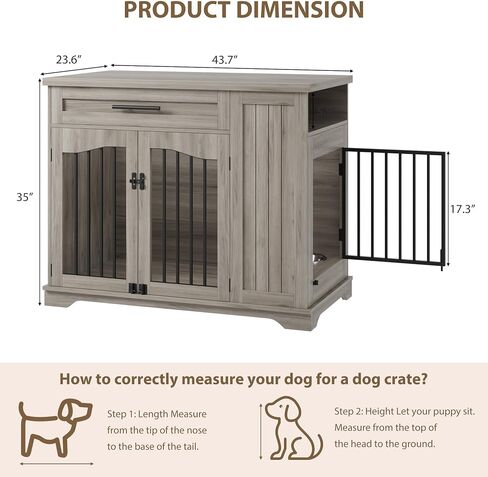 Furniture Style Dog Crate for Large Dogs, 44 Inch Heavy Duty Wooden Dog Kennel Furniture with Drawer & Side Storage and Bulit-in Feeding Station,Grey in Saudi Arabia