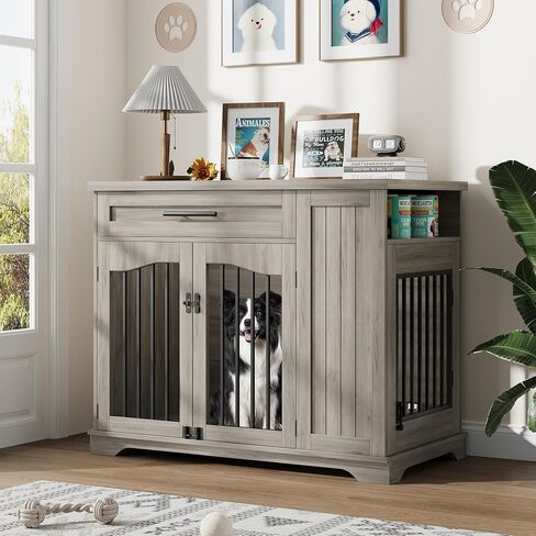 Furniture Style Dog Crate for Large Dogs, 44 Inch Heavy Duty Wooden Dog Kennel Furniture with Drawer & Side Storage and Bulit-in Feeding Station,Grey in Saudi Arabia