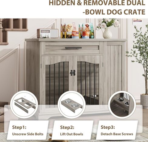 Furniture Style Dog Crate for Large Dogs, 44 Inch Heavy Duty Wooden Dog Kennel Furniture with Drawer & Side Storage and Bulit-in Feeding Station,Grey in Saudi Arabia