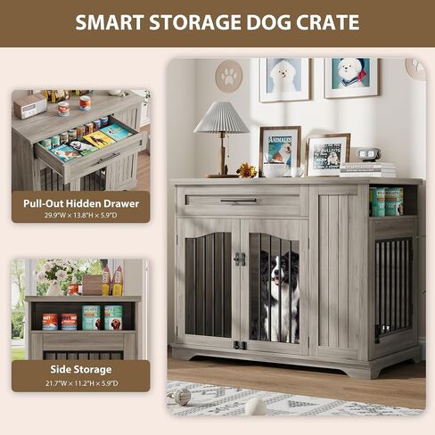 Furniture Style Dog Crate for Large Dogs, 44 Inch Heavy Duty Wooden Dog Kennel Furniture with Drawer & Side Storage and Bulit-in Feeding Station,Grey in Saudi Arabia