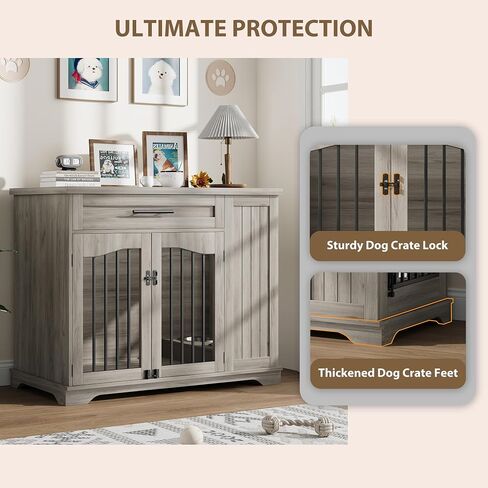 Furniture Style Dog Crate for Large Dogs, 44 Inch Heavy Duty Wooden Dog Kennel Furniture with Drawer & Side Storage and Bulit-in Feeding Station,Grey in Saudi Arabia