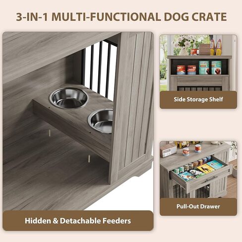 Furniture Style Dog Crate for Large Dogs, 44 Inch Heavy Duty Wooden Dog Kennel Furniture with Drawer & Side Storage and Bulit-in Feeding Station,Grey in Saudi Arabia