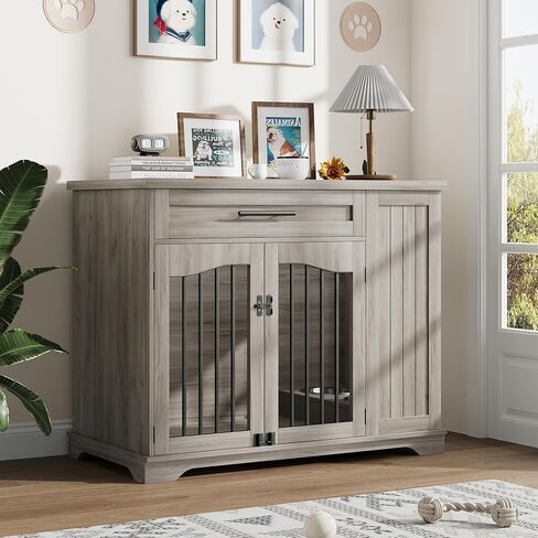 Furniture Style Dog Crate for Large Dogs, 44 Inch Heavy Duty Wooden Dog Kennel Furniture with Drawer & Side Storage and Bulit-in Feeding Station,Grey in Saudi Arabia