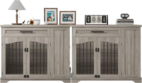 Furniture Style Dog Crate for Large Dogs, 44 Inch Heavy Duty Wooden Dog Kennel Furniture with Drawer & Side Storage and Bulit-in Feeding Station,Grey in Saudi Arabia