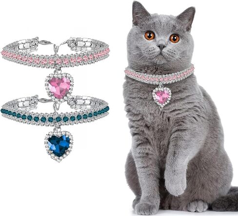 Adjustable Sparkling 3 Rows Crystal Diamond Rhinestone Pet Collar for Small Medium Large Pets Cats Dogs with Heart Bling Breakaway Design (Light Blue, Neck :8.5+2 Inch) in Saudi Arabia