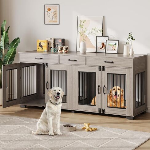 71 in Large Dog Crate Furniture for 2 Dogs with 3 Drawers, Heavy Duty Double Indoor Dog Kennel and TV Stand for Medium Large Dogs, Grey in Saudi Arabia