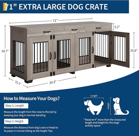 71 in Large Dog Crate Furniture for 2 Dogs with 3 Drawers, Heavy Duty Double Indoor Dog Kennel and TV Stand for Medium Large Dogs, Grey in Saudi Arabia
