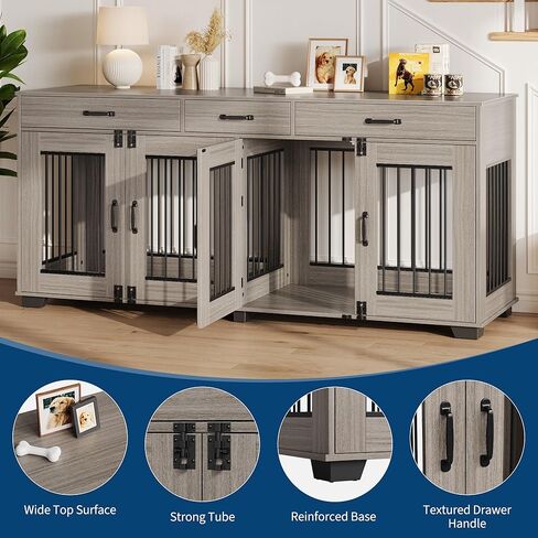 71 in Large Dog Crate Furniture for 2 Dogs with 3 Drawers, Heavy Duty Double Indoor Dog Kennel and TV Stand for Medium Large Dogs, Grey in Saudi Arabia