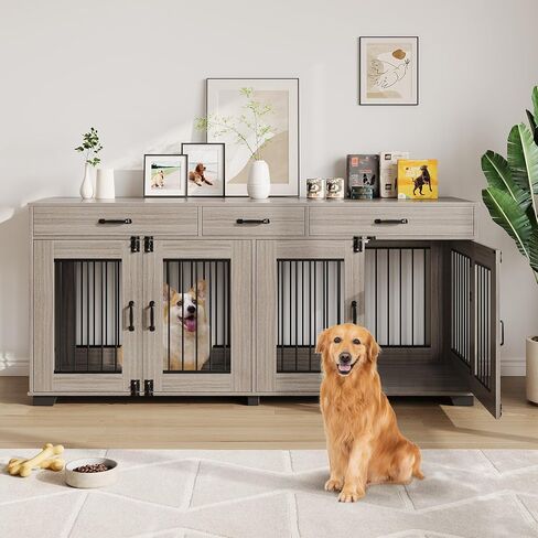 71 in Large Dog Crate Furniture for 2 Dogs with 3 Drawers, Heavy Duty Double Indoor Dog Kennel and TV Stand for Medium Large Dogs, Grey in Saudi Arabia