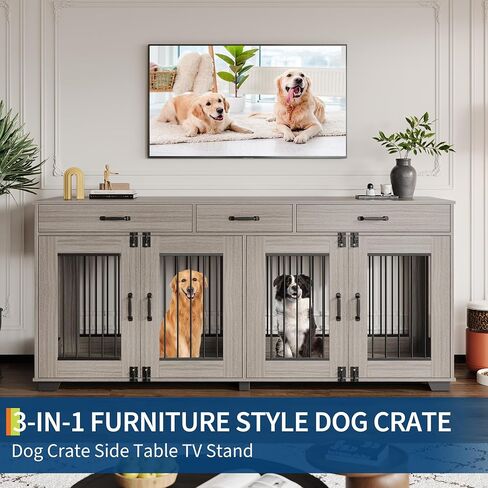 71 in Large Dog Crate Furniture for 2 Dogs with 3 Drawers, Heavy Duty Double Indoor Dog Kennel and TV Stand for Medium Large Dogs, Grey in Saudi Arabia
