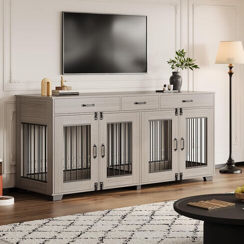 71 in Large Dog Crate Furniture for 2 Dogs with 3 Drawers, Heavy Duty Double Indoor Dog Kennel and TV Stand for Medium Large Dogs, Grey in Saudi Arabia