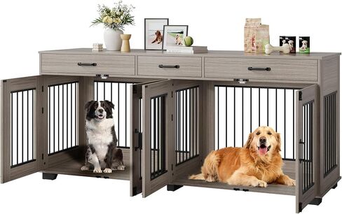 71 in Large Dog Crate Furniture for 2 Dogs with 3 Drawers, Heavy Duty Double Indoor Dog Kennel and TV Stand for Medium Large Dogs, Grey in Saudi Arabia