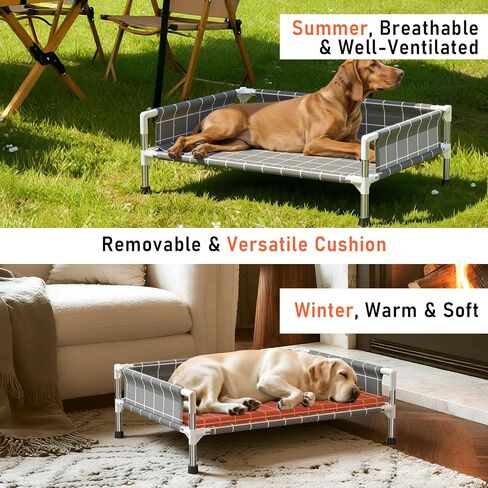 Elevated Dog Bed with Three-Sided Fence and Removable Cushion - Anti-Slip Feet, Stable Design, Easy Assembly, Indoor Relaxation & Outdoor Activities for Small Dogs, All-Season Comfort in Saudi Arabia