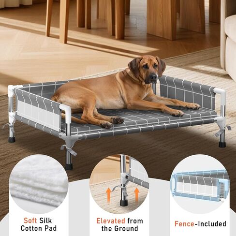 Elevated Dog Bed with Three-Sided Fence and Removable Cushion - Anti-Slip Feet, Stable Design, Easy Assembly, Indoor Relaxation & Outdoor Activities for Small Dogs, All-Season Comfort in Saudi Arabia
