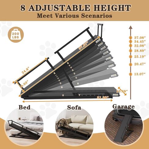 Dog Ramp for Bed - 7-Level Adjustable (13"-37") Dog Ramp for High Bed, Couch & Cars, 60" Foldable with Rails for Large Dogs, Non-Slip EVA Mat, DIY Glow Strips, Wooden Pet Ramp Supports 200 Lbs in Saudi Arabia