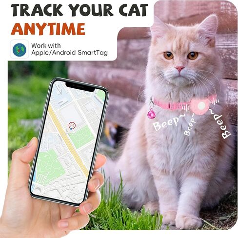 Cat Tracker Collar, Real-Time Tracking Device for Cats, Long Battery Life, Works with iOS & Android SmartTag App, with Reflective Pattern & Bell, No Monthly Fee, Pink in Kuwait