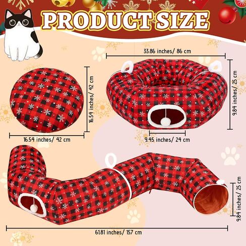 Christmas Cat Bed Tunnel, 3ft x 3ft x 9.8 in, Under Christmas Tree Cat Donut Tunnels Snowflake Buffalo Plaid Peekaboo Kitten Bed with Hanging Ball Decorations Cave for Xmas Tree Decor in Saudi Arabia