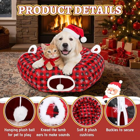 Christmas Cat Bed Tunnel, 3ft x 3ft x 9.8 in, Under Christmas Tree Cat Donut Tunnels Snowflake Buffalo Plaid Peekaboo Kitten Bed with Hanging Ball Decorations Cave for Xmas Tree Decor in Saudi Arabia