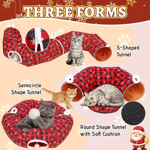 Christmas Cat Bed Tunnel, 3ft x 3ft x 9.8 in, Under Christmas Tree Cat Donut Tunnels Snowflake Buffalo Plaid Peekaboo Kitten Bed with Hanging Ball Decorations Cave for Xmas Tree Decor in Saudi Arabia