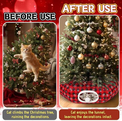 Christmas Cat Bed Tunnel, 3ft x 3ft x 9.8 in, Under Christmas Tree Cat Donut Tunnels Snowflake Buffalo Plaid Peekaboo Kitten Bed with Hanging Ball Decorations Cave for Xmas Tree Decor in Saudi Arabia