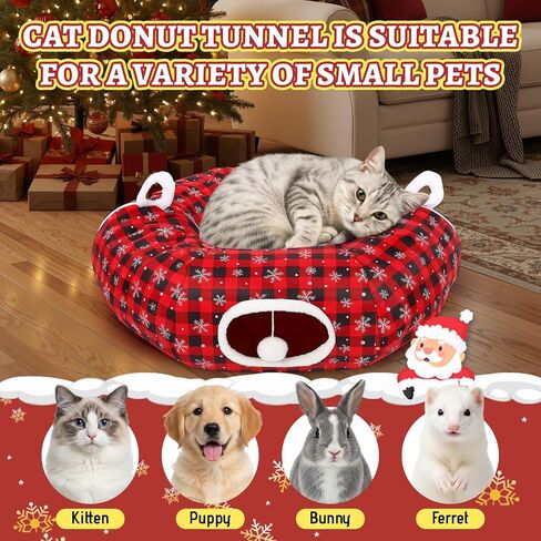 Christmas Cat Bed Tunnel, 3ft x 3ft x 9.8 in, Under Christmas Tree Cat Donut Tunnels Snowflake Buffalo Plaid Peekaboo Kitten Bed with Hanging Ball Decorations Cave for Xmas Tree Decor in Saudi Arabia