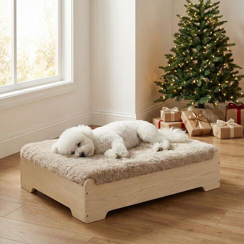 GLOSSGODS Elevated Dog Bed and Mattress with Removable Washable Cover, Orthopedic Egg Crate Foam, Wooden Frame, Suitable for Pet Up to 90 lbs, Naturalwood XL in Saudi Arabia