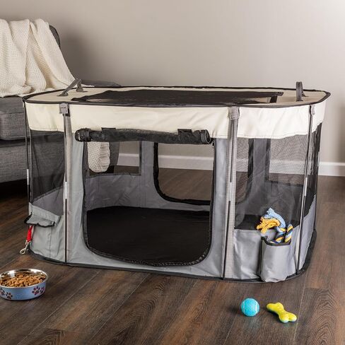Dog Playpen - 43x34x23 Inch Puppy Kennel with Mesh Windows, Zippered Doors, and Storage Pockets - Portable Dog Play Pen Indoors/Outdoors for Small Animals by PETMAKER (Gray) in Saudi Arabia
