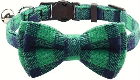 Cute Checkered Pattern Cat Collar with Bow - Adjustable & Comfortable Pet Collar, Perfect for Cats and Other Small Pets, Green in Saudi Arabia